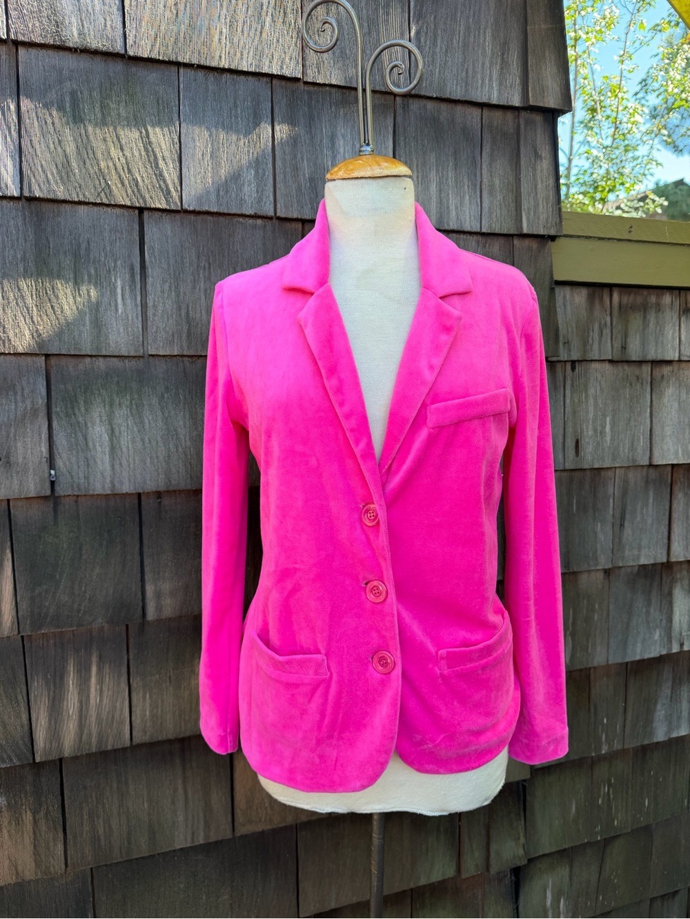 Lesley Evers velour jacket blazer neon pink pockets sz Medium.